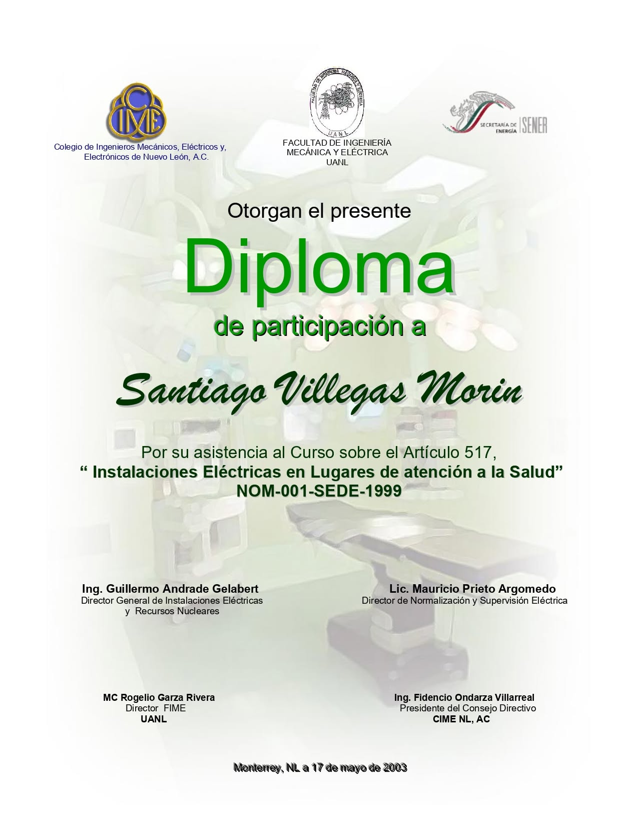 Diploma del curso sobre el Artículo 517 en Monterrey, mayo de 2003